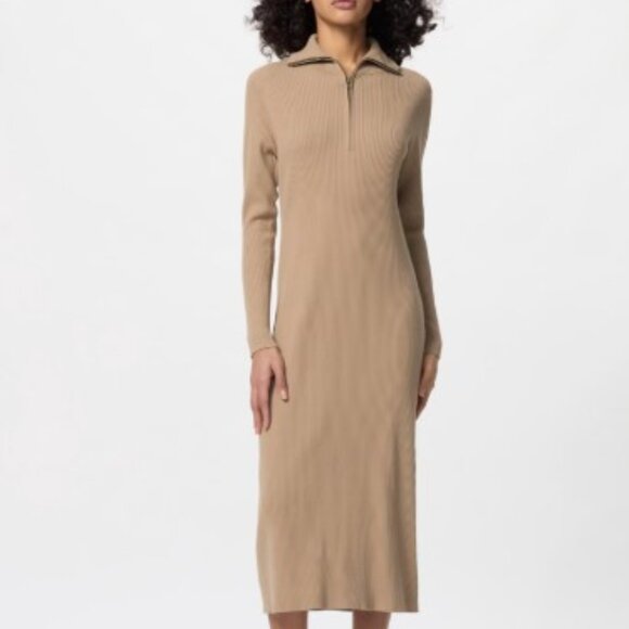 Uniqlo Dresses & Skirts - Uniqlo Half-Zip Knit Dress Bodycon Midi Beige Size Medium